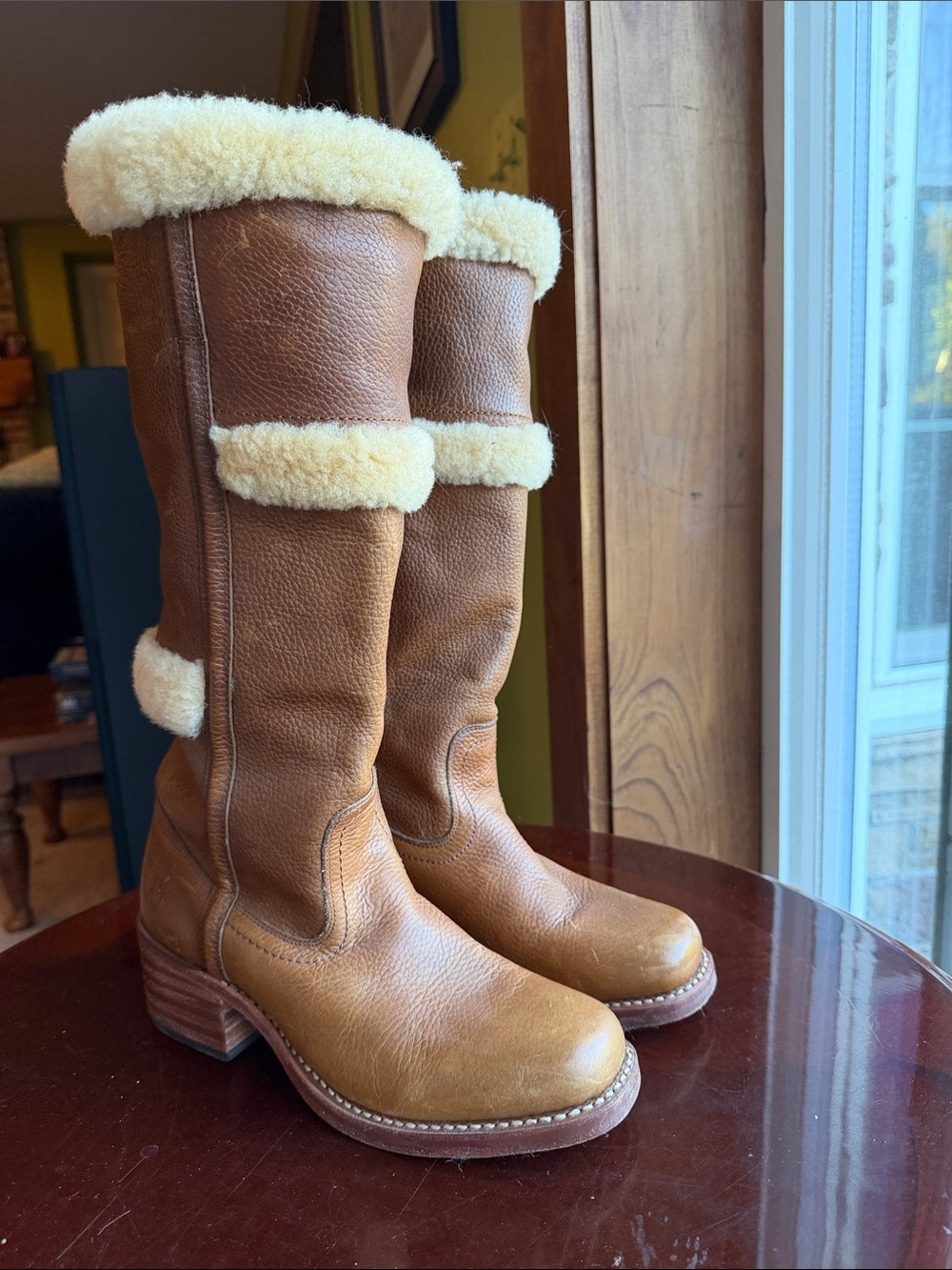 Frye Brown Leather Shearling-Trim Mid-Calf Boots